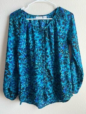 Liz Claiborne Teal and Blue Printed Long-Sleeve Blouse